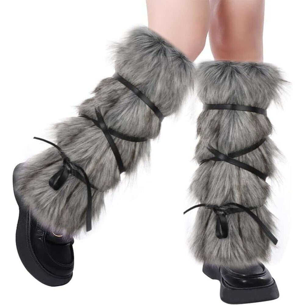 Viking Faux Fur Leg Warmers Leather Wraps Costume Furry Boot Covers Women